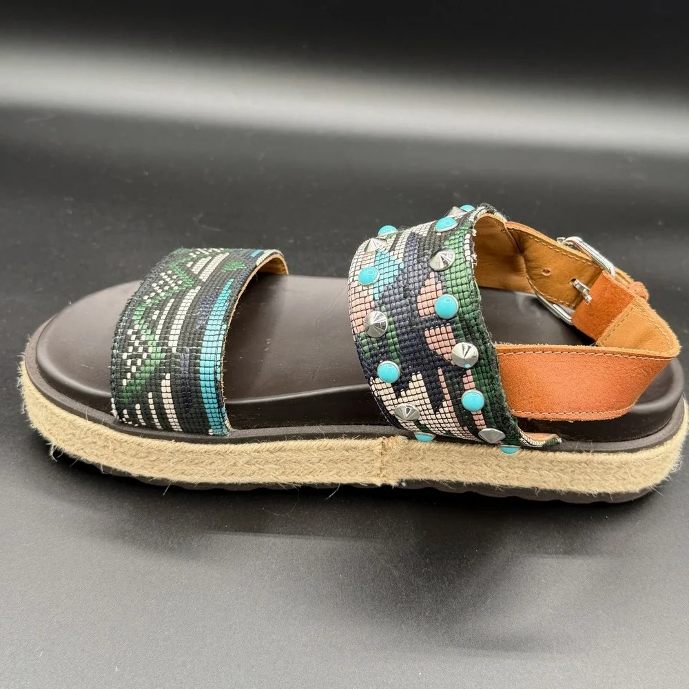 Stokton Italy Women 38 Woven Studded Turquoise Platform Espadrille Sandals